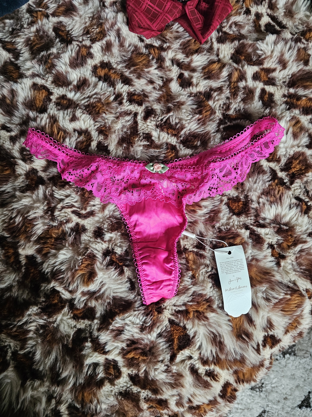 For Love & Lemons Hot Pink Satin and Lace Thong